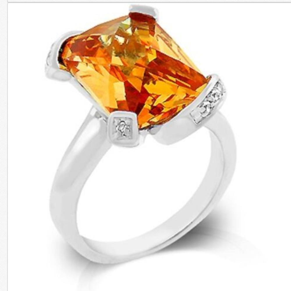 Silver Art Deco Statement Cocktail Ring Size 9 10 Peach Topaz Cubic Zirconia